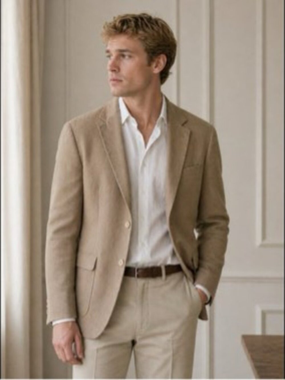 Vtg Haggar mens 42 sport coat lined  tan windowpane linen blend made in the USA